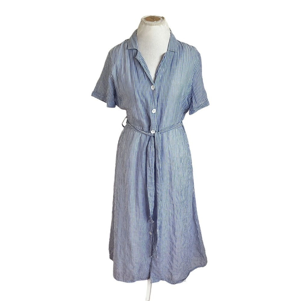 Cloth & Stone Striped Coastal Midi Shirt Dress Medium Blue White Preppy Belted
